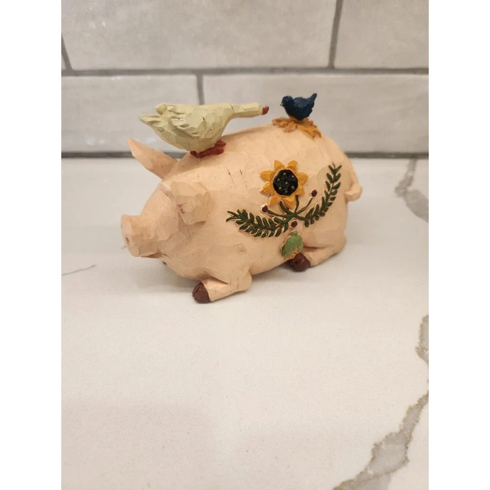 Resin Pig With Goose And Bird On Back And Sunflower Design On His Side Farmhouse